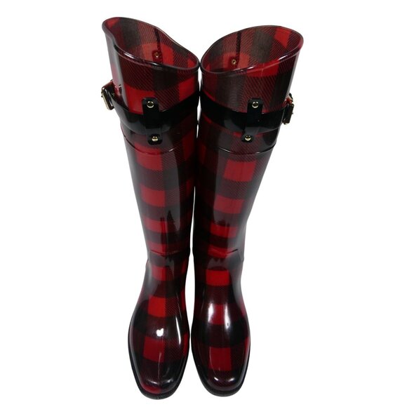 Ralph Lauren Women's Red/Black Checkered Rossalyn II Rain Boots Size 8 - Picture 1 of 10